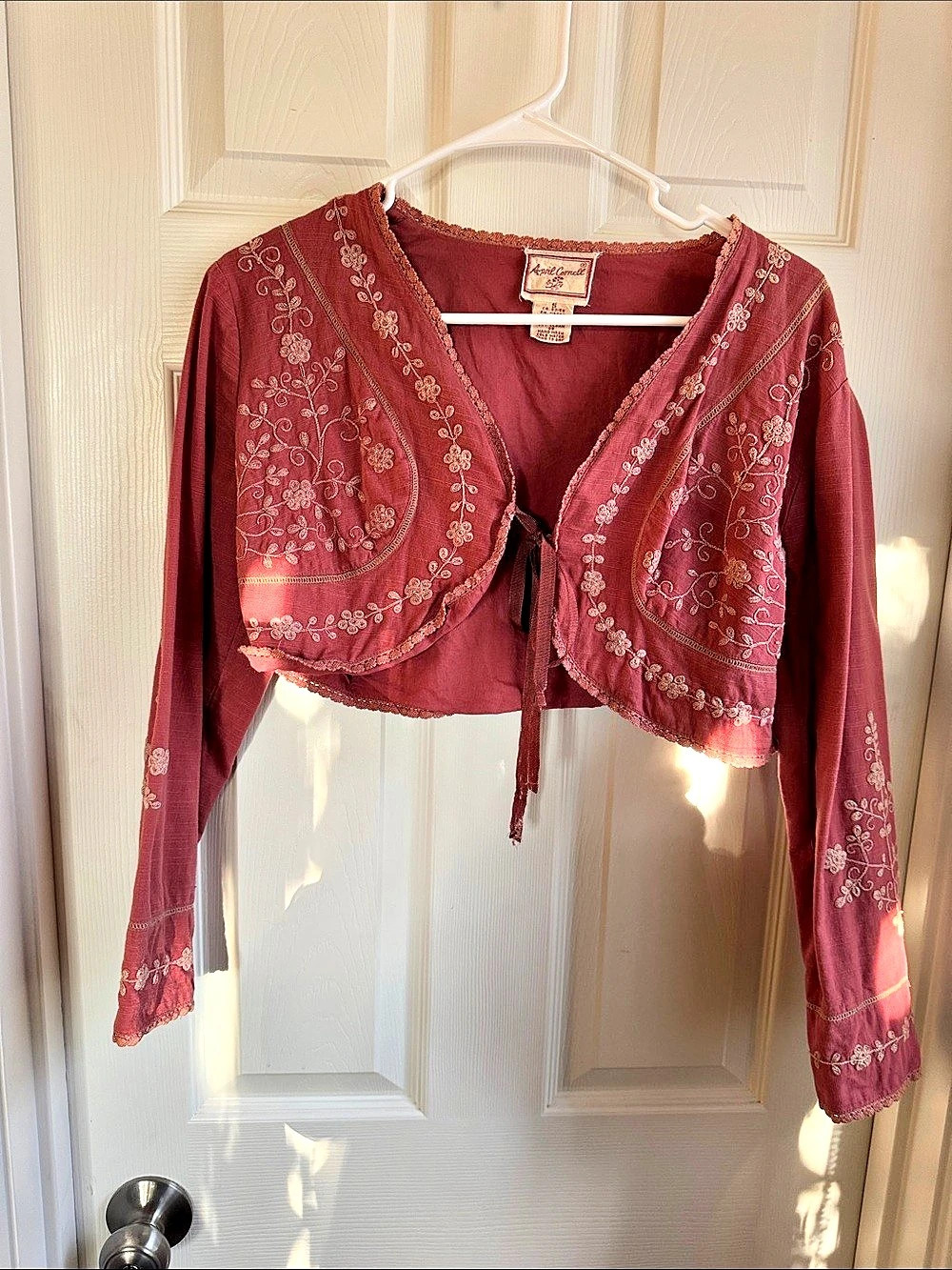 April Cornell Western Embroidered Floral Cropped Jacket in light pink